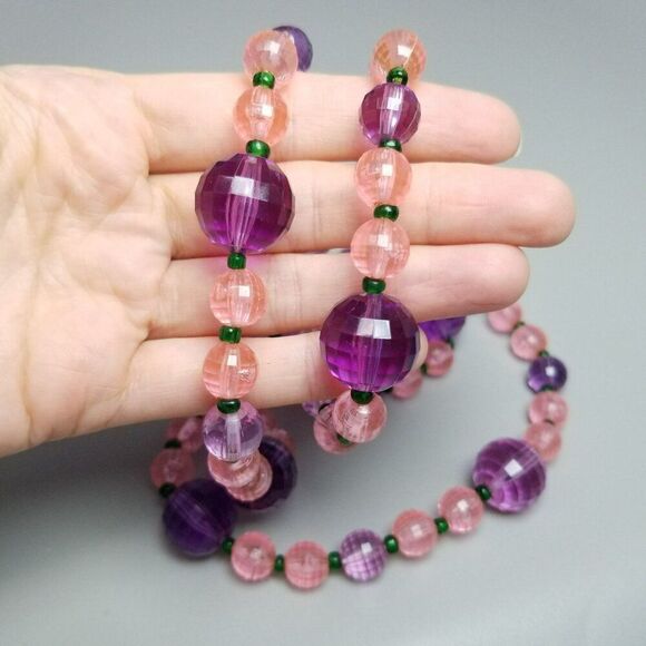 Vintage Purple and Pink Plastic Beaded Necklace, 28 Inches Long, Estate - Picture 6 of 7
